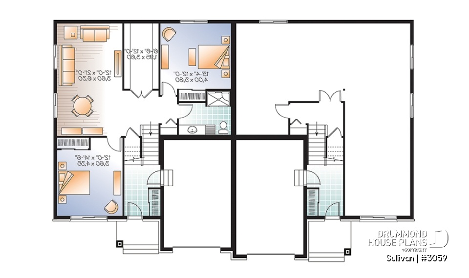Basement - Modern duplex house plan with garage,up to 3 bedrooms per unit, large shower, great kitchen island - Sullivan