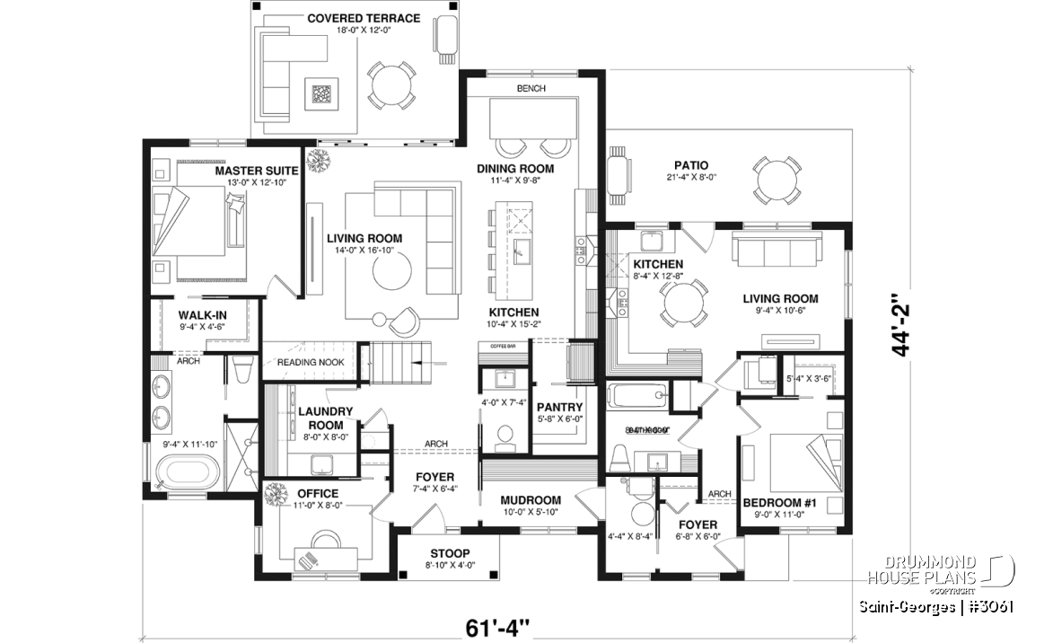1st level - Intergenerational home plan featuring 3 bedrooms and a covered terrace for the main unit. - Saint-Georges