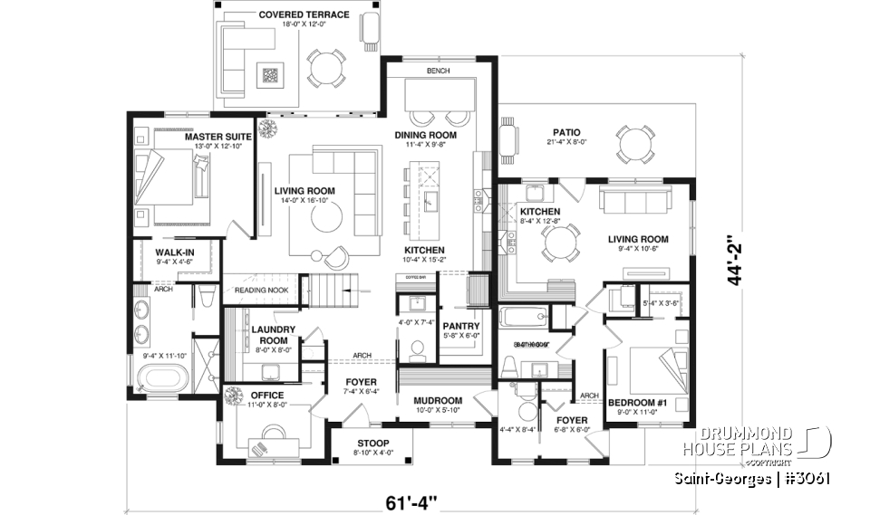 1st level - Intergenerational home plan featuring 3 bedrooms and a covered terrace for the main unit. - Saint-Georges
