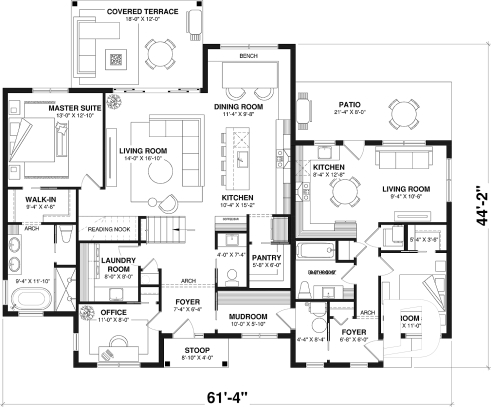 1st level - Intergenerational home plan featuring 3 bedrooms and a covered terrace for the main unit. - Saint-Georges