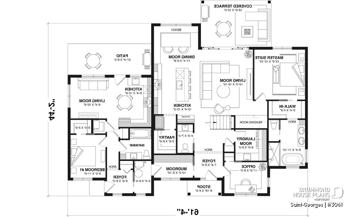 1st level - Intergenerational home plan featuring 3 bedrooms and a covered terrace for the main unit. - Saint-Georges