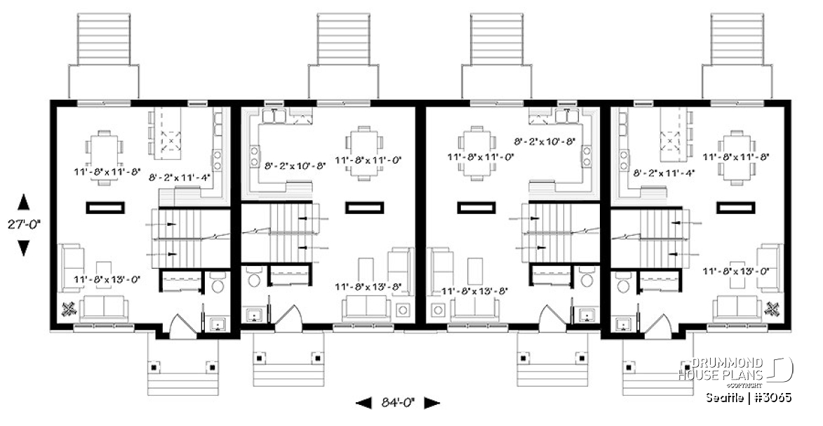 1st level - 4 unit multi plex plan, 3 to 4 bedroom, cathedral ceiling, two-sided fireplace, various kitchen design options - Seattle