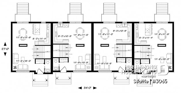 1st level - 4 unit multi plex plan, 3 to 4 bedroom, cathedral ceiling, two-sided fireplace, various kitchen design options - Seattle