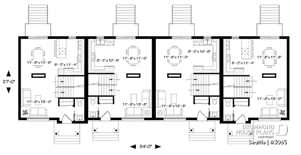 1st level - 4 unit multi plex plan, 3 to 4 bedroom, cathedral ceiling, two-sided fireplace, various kitchen design options - Seattle