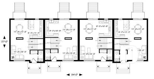 1st level - 4 unit multi plex plan, 3 to 4 bedroom, cathedral ceiling, two-sided fireplace, various kitchen design options - Seattle