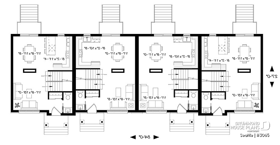 1st level - 4 unit multi plex plan, 3 to 4 bedroom, cathedral ceiling, two-sided fireplace, various kitchen design options - Seattle