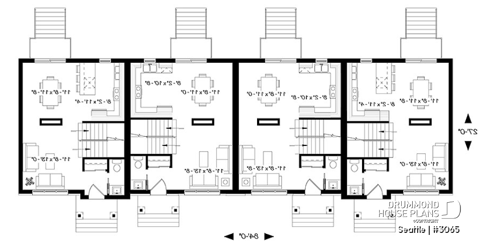 1st level - 4 unit multi plex plan, 3 to 4 bedroom, cathedral ceiling, two-sided fireplace, various kitchen design options - Seattle
