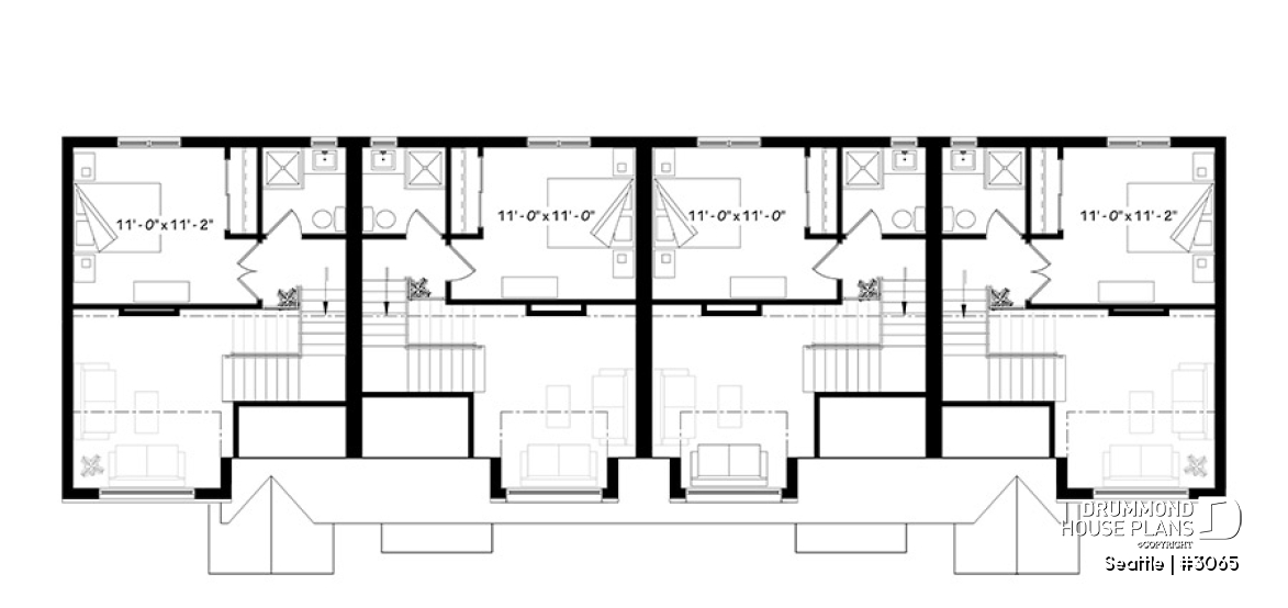 2nd level - 4 unit multi plex plan, 3 to 4 bedroom, cathedral ceiling, two-sided fireplace, various kitchen design options - Seattle