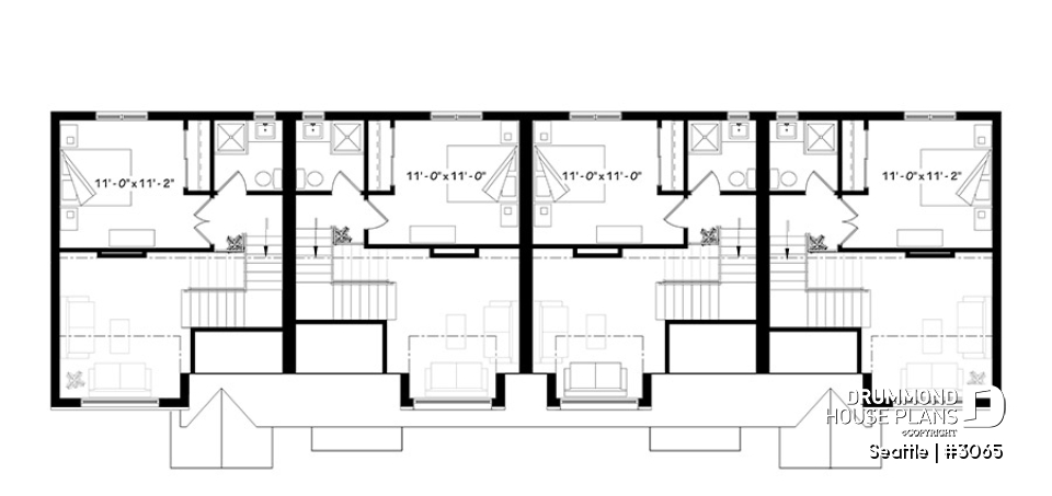 2nd level - 4 unit multi plex plan, 3 to 4 bedroom, cathedral ceiling, two-sided fireplace, various kitchen design options - Seattle