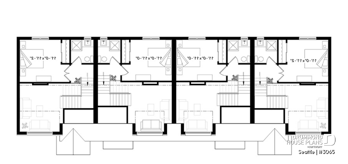 2nd level - 4 unit multi plex plan, 3 to 4 bedroom, cathedral ceiling, two-sided fireplace, various kitchen design options - Seattle