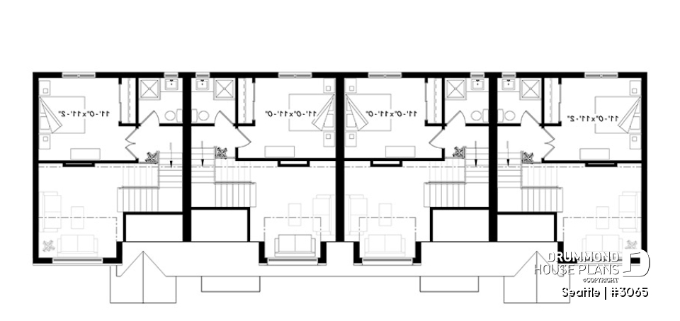 2nd level - 4 unit multi plex plan, 3 to 4 bedroom, cathedral ceiling, two-sided fireplace, various kitchen design options - Seattle