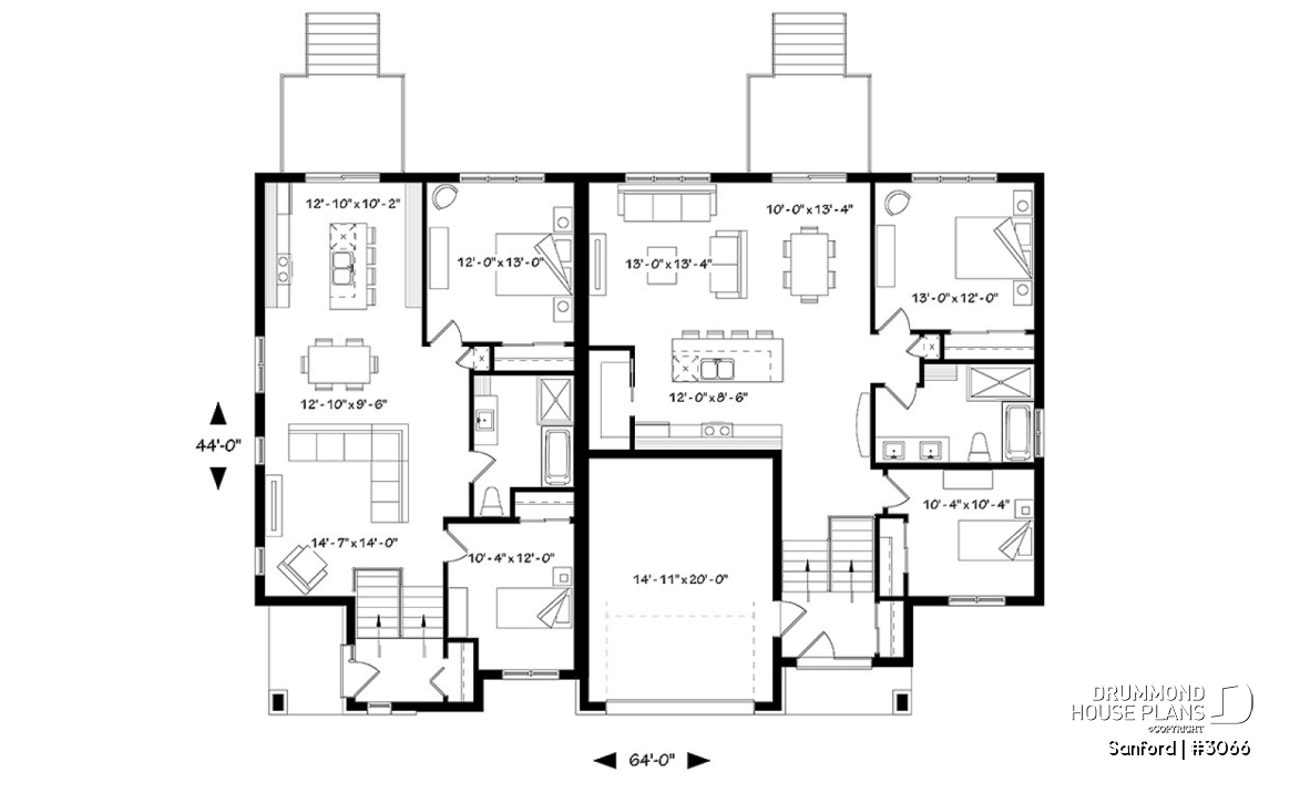 1st level - Modern duplex house plan with 2 to 4 bedrooms per unit, 2 living rooms, 2 bathrooms, laundry room and more! - Sanford