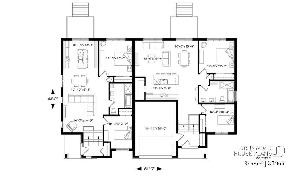 1st level - Modern duplex house plan with 2 to 4 bedrooms per unit, 2 living rooms, 2 bathrooms, laundry room and more! - Sanford