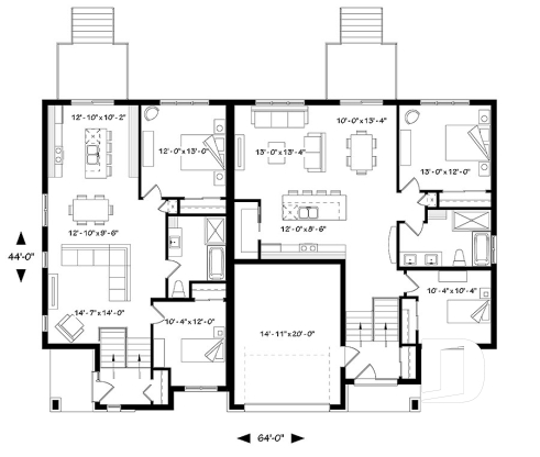 1st level - Modern duplex house plan with 2 to 4 bedrooms per unit, 2 living rooms, 2 bathrooms, laundry room and more! - Sanford