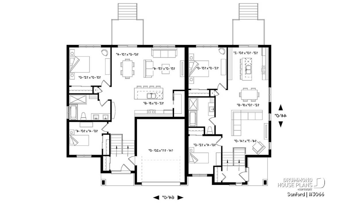 1st level - Modern duplex house plan with 2 to 4 bedrooms per unit, 2 living rooms, 2 bathrooms, laundry room and more! - Sanford