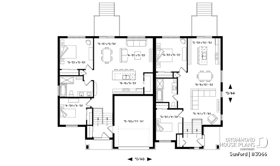 1st level - Modern duplex house plan with 2 to 4 bedrooms per unit, 2 living rooms, 2 bathrooms, laundry room and more! - Sanford