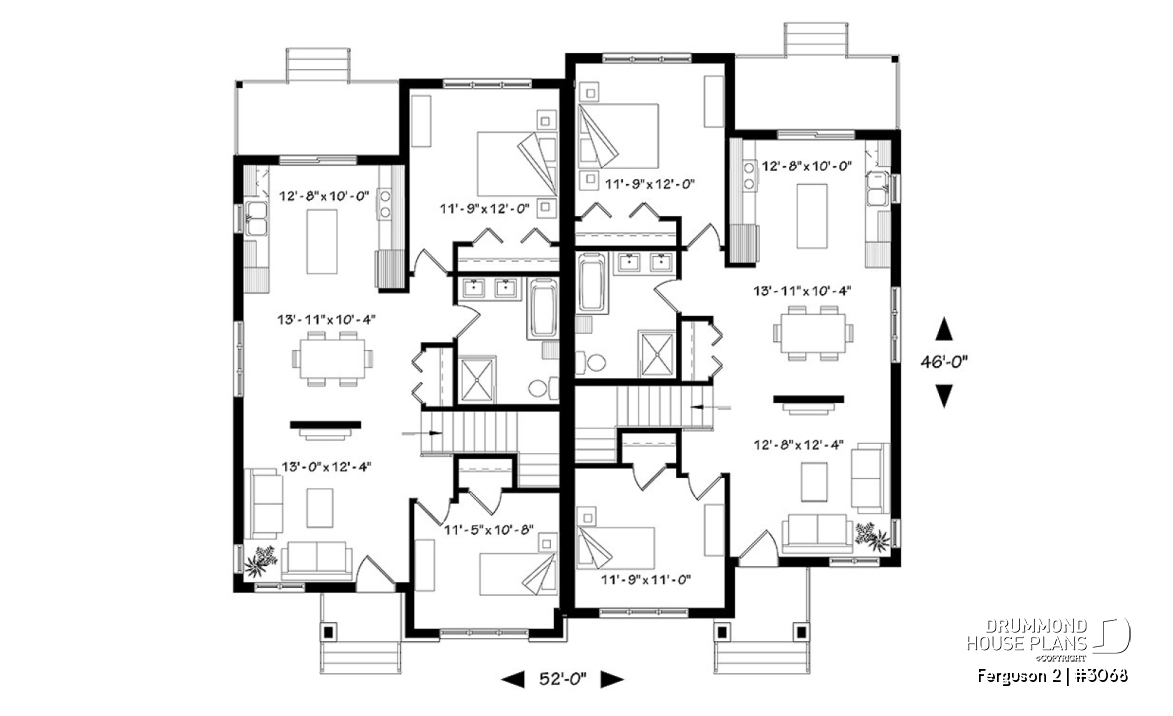 1st level - Modern duplex house plan with 2 bedrooms per unit, large family bathroom, unfinished basement, kitchen island - Ferguson 2