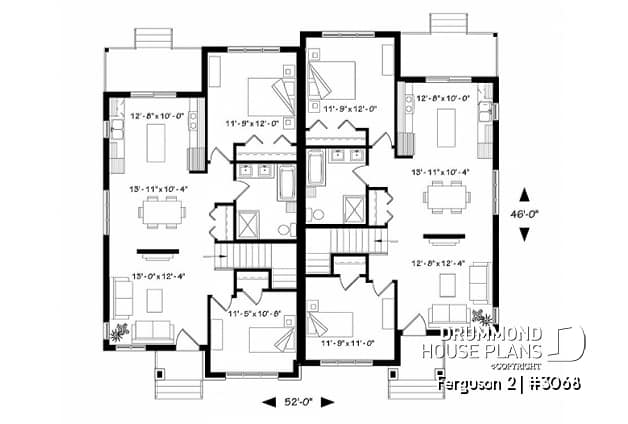 1st level - Modern duplex house plan with 2 bedrooms per unit, large family bathroom, unfinished basement, kitchen island - Ferguson 2