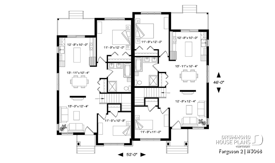1st level - Modern duplex house plan with 2 bedrooms per unit, large family bathroom, unfinished basement, kitchen island - Ferguson 2