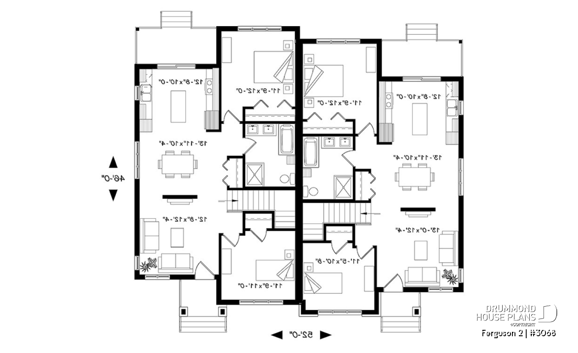 1st level - Modern duplex house plan with 2 bedrooms per unit, large family bathroom, unfinished basement, kitchen island - Ferguson 2
