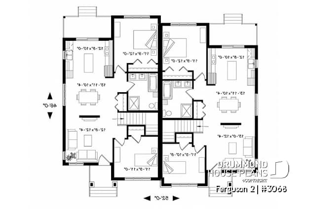 1st level - Modern duplex house plan with 2 bedrooms per unit, large family bathroom, unfinished basement, kitchen island - Ferguson 2