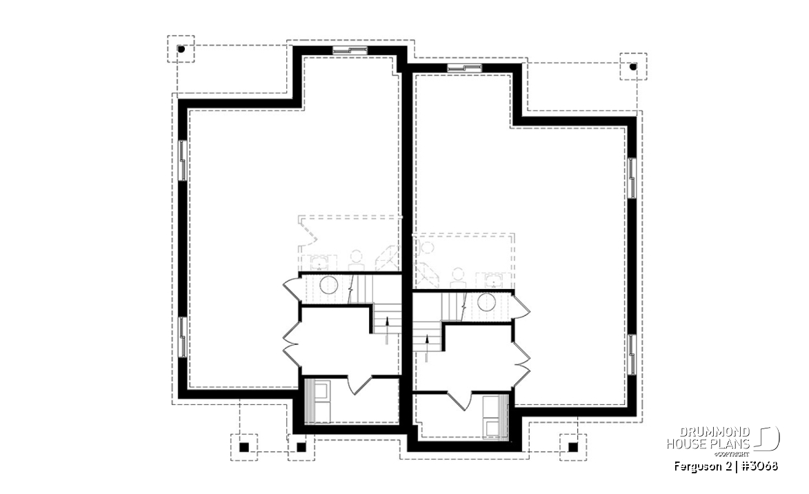Basement - Modern duplex house plan with 2 bedrooms per unit, large family bathroom, unfinished basement, kitchen island - Ferguson 2
