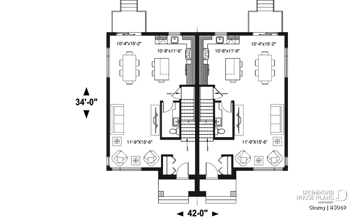 1st level - Modern duplex home plan, 3 to 4 bedrooms &amp; 1.5 bathrooms per unit, kitchen w/island, open floor plan concept - Charny