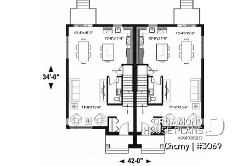 1st level - Modern duplex home plan, 3 to 4 bedrooms & 1.5 bathrooms per unit, kitchen w/island, open floor plan concept - Charny
