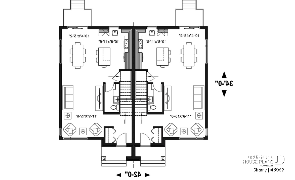 1st level - Modern duplex home plan, 3 to 4 bedrooms &amp; 1.5 bathrooms per unit, kitchen w/island, open floor plan concept - Charny