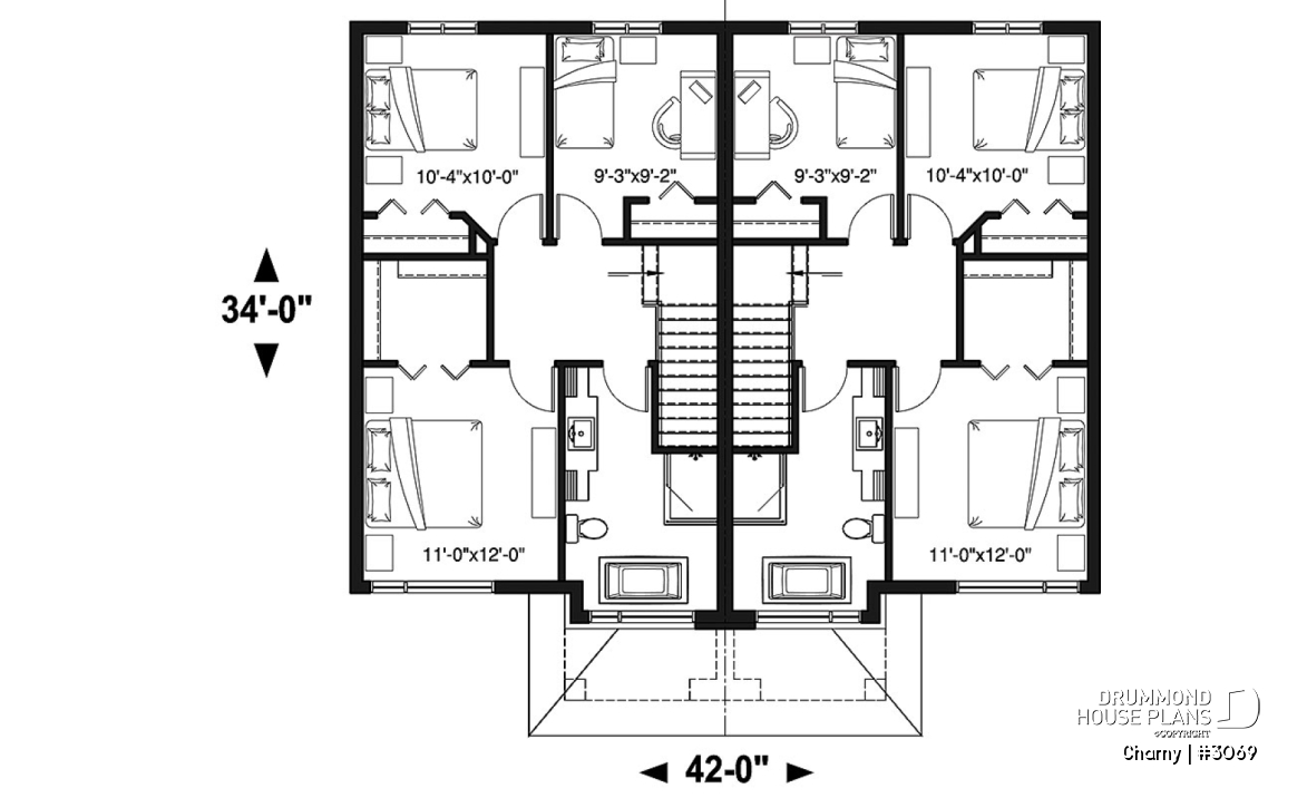 2nd level - Modern duplex home plan, 3 to 4 bedrooms &amp; 1.5 bathrooms per unit, kitchen w/island, open floor plan concept - Charny