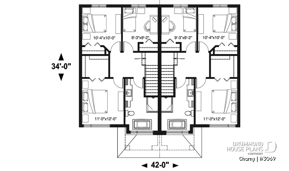 2nd level - Modern duplex home plan, 3 to 4 bedrooms &amp; 1.5 bathrooms per unit, kitchen w/island, open floor plan concept - Charny