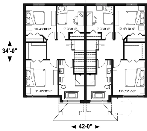 2nd level - Modern duplex home plan, 3 to 4 bedrooms & 1.5 bathrooms per unit, kitchen w/island, open floor plan concept - Charny