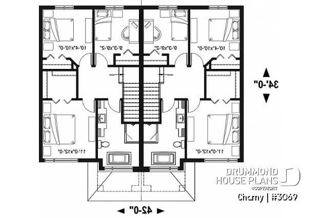 2nd level - Modern duplex home plan, 3 to 4 bedrooms & 1.5 bathrooms per unit, kitchen w/island, open floor plan concept - Charny