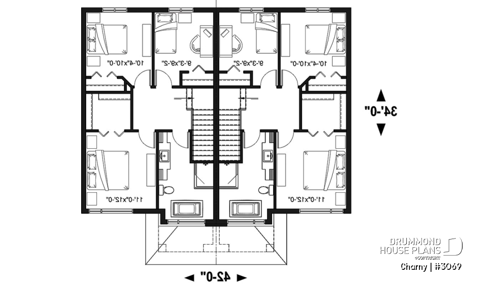 2nd level - Modern duplex home plan, 3 to 4 bedrooms &amp; 1.5 bathrooms per unit, kitchen w/island, open floor plan concept - Charny