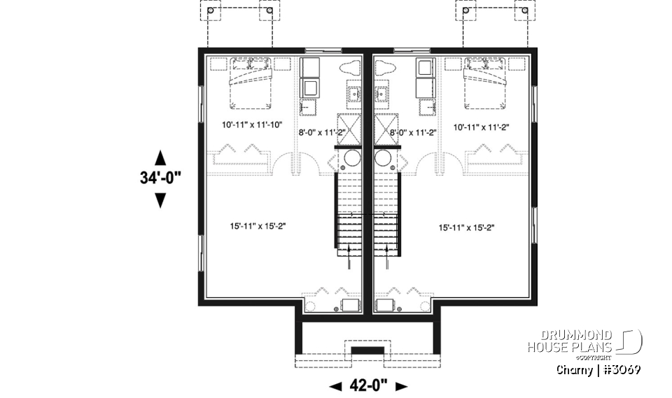 Basement - Modern duplex home plan, 3 to 4 bedrooms &amp; 1.5 bathrooms per unit, kitchen w/island, open floor plan concept - Charny