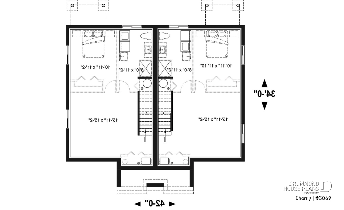 Basement - Modern duplex home plan, 3 to 4 bedrooms &amp; 1.5 bathrooms per unit, kitchen w/island, open floor plan concept - Charny