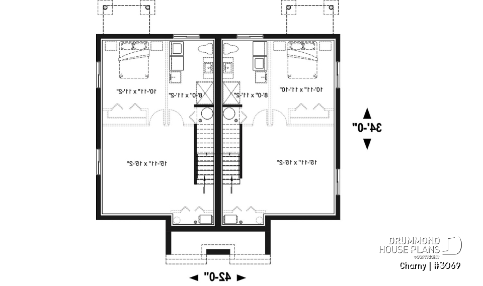 Basement - Modern duplex home plan, 3 to 4 bedrooms &amp; 1.5 bathrooms per unit, kitchen w/island, open floor plan concept - Charny