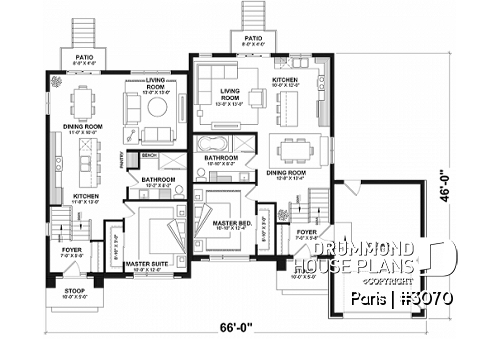 1st level - Modern duplex plan, 1 to 3 beds, 2 bathrooms per unit, optional finished basement ($), garage on left side - Paris