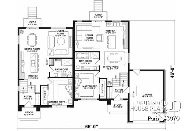 1st level - Modern duplex plan, 1 to 3 beds, 2 bathrooms per unit, optional finished basement ($), garage on left side - Paris