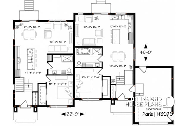 1st level - Modern duplex plan, 1 to 3 beds, 2 bathrooms per unit, open kitchen, dining and living concept, family room - Paris