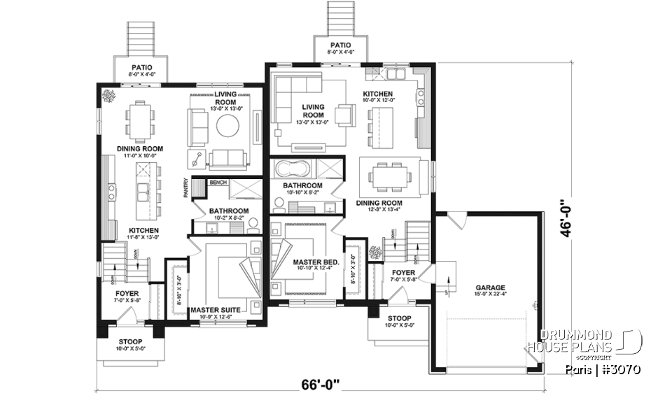 1st level - Modern duplex plan, 1 to 3 beds, 2 bathrooms per unit, optional finished basement ($), garage on left side - Paris