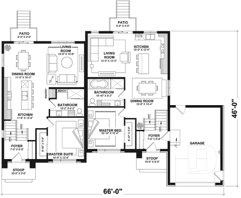 1st level - Modern duplex plan, 1 to 3 beds, 2 bathrooms per unit, optional finished basement ($), garage on left side - Paris