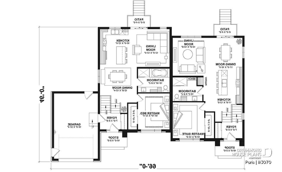 1st level - Modern duplex plan, 1 to 3 beds, 2 bathrooms per unit, optional finished basement ($), garage on left side - Paris