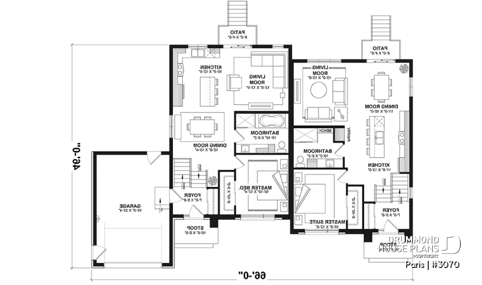 1st level - Modern duplex plan, 1 to 3 beds, 2 bathrooms per unit, optional finished basement ($), garage on left side - Paris