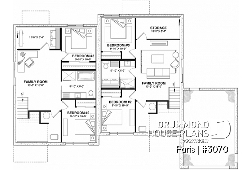 Finished basement - Modern duplex plan, 1 to 3 beds, 2 bathrooms per unit, optional finished basement ($), garage on left side - Paris