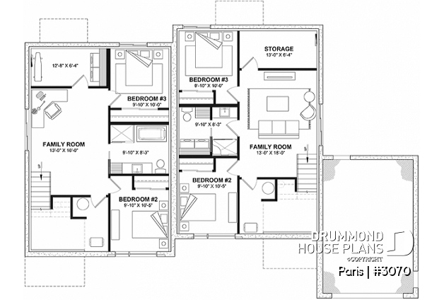 Finished basement (Optional $) - Modern duplex plan, 1 to 3 beds, 2 bathrooms per unit, optional finished basement ($), garage on left side - Paris