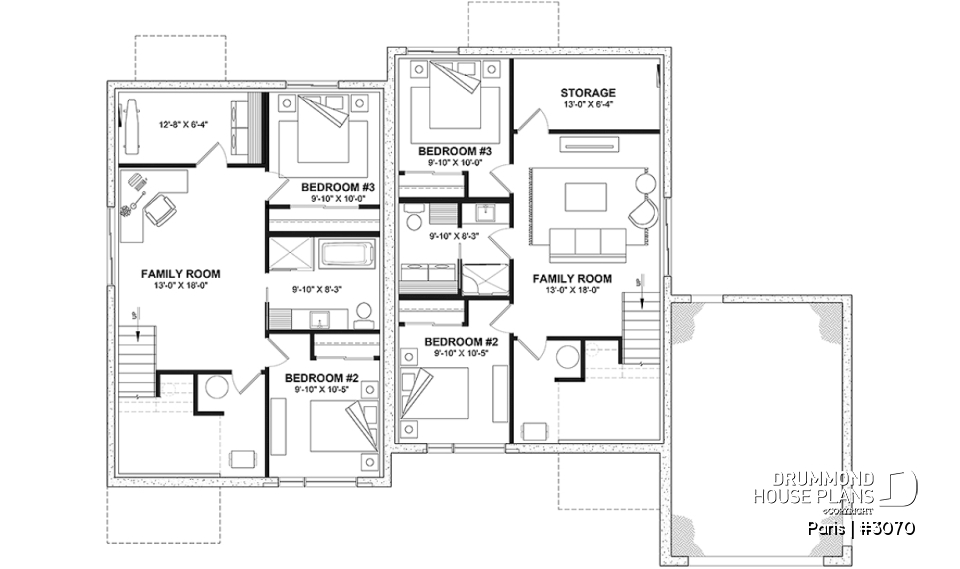 Finished basement (Optional $) - Modern duplex plan, 1 to 3 beds, 2 bathrooms per unit, optional finished basement ($), garage on left side - Paris
