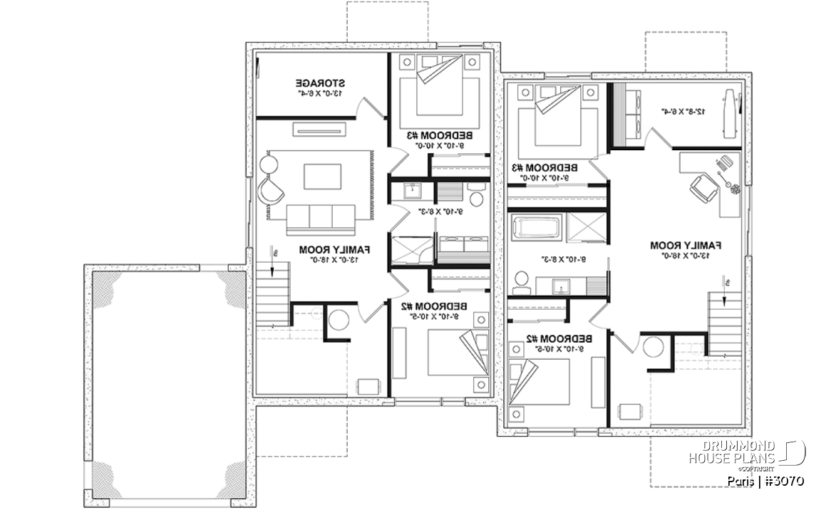 Finished basement (Optional $) - Modern duplex plan, 1 to 3 beds, 2 bathrooms per unit, optional finished basement ($), garage on left side - Paris