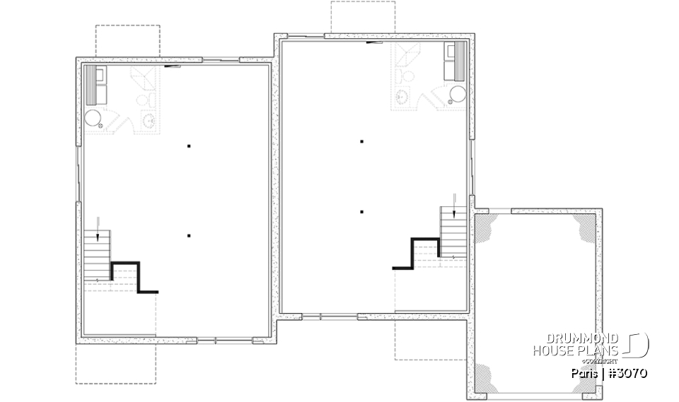 Unfinished basement - Modern duplex plan, 1 to 3 beds, 2 bathrooms per unit, optional finished basement ($), garage on left side - Paris
