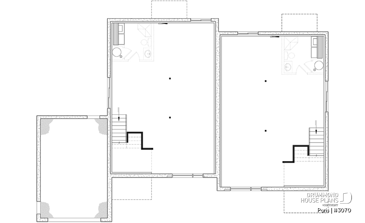 Unfinished basement - Modern duplex plan, 1 to 3 beds, 2 bathrooms per unit, optional finished basement ($), garage on left side - Paris